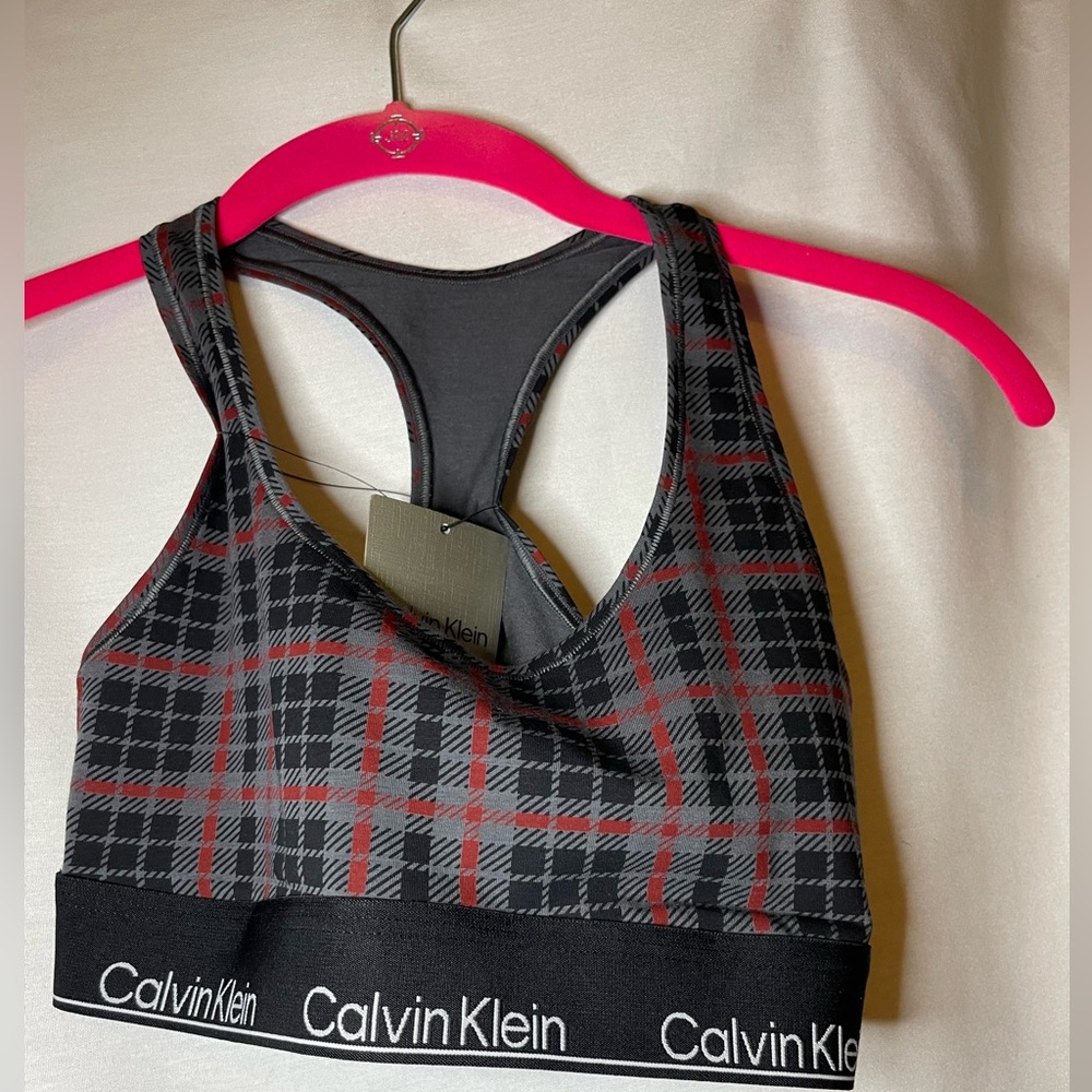 NWT Calvin Klein Red Gray Black Plaid Unlined Bralette w Logo Size M
